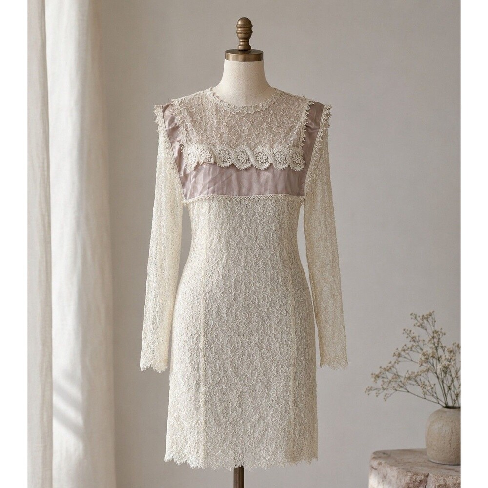 Vtg SCOTT MCCLINTOCK Ivory Pink Satin Wedding Lace Victorian Prairie Dress Sz 10